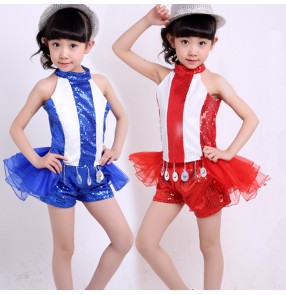 White blue red patchwork striped sequins paillette girls kids children stage performance tuxedo jazz dj ds singer dance school play hip hop costumes outfits dance wear 